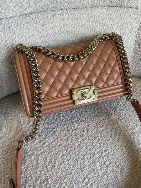 21K Caramel Caviar Quilted Old Medium Boy Bag LGHW – REDELUXE