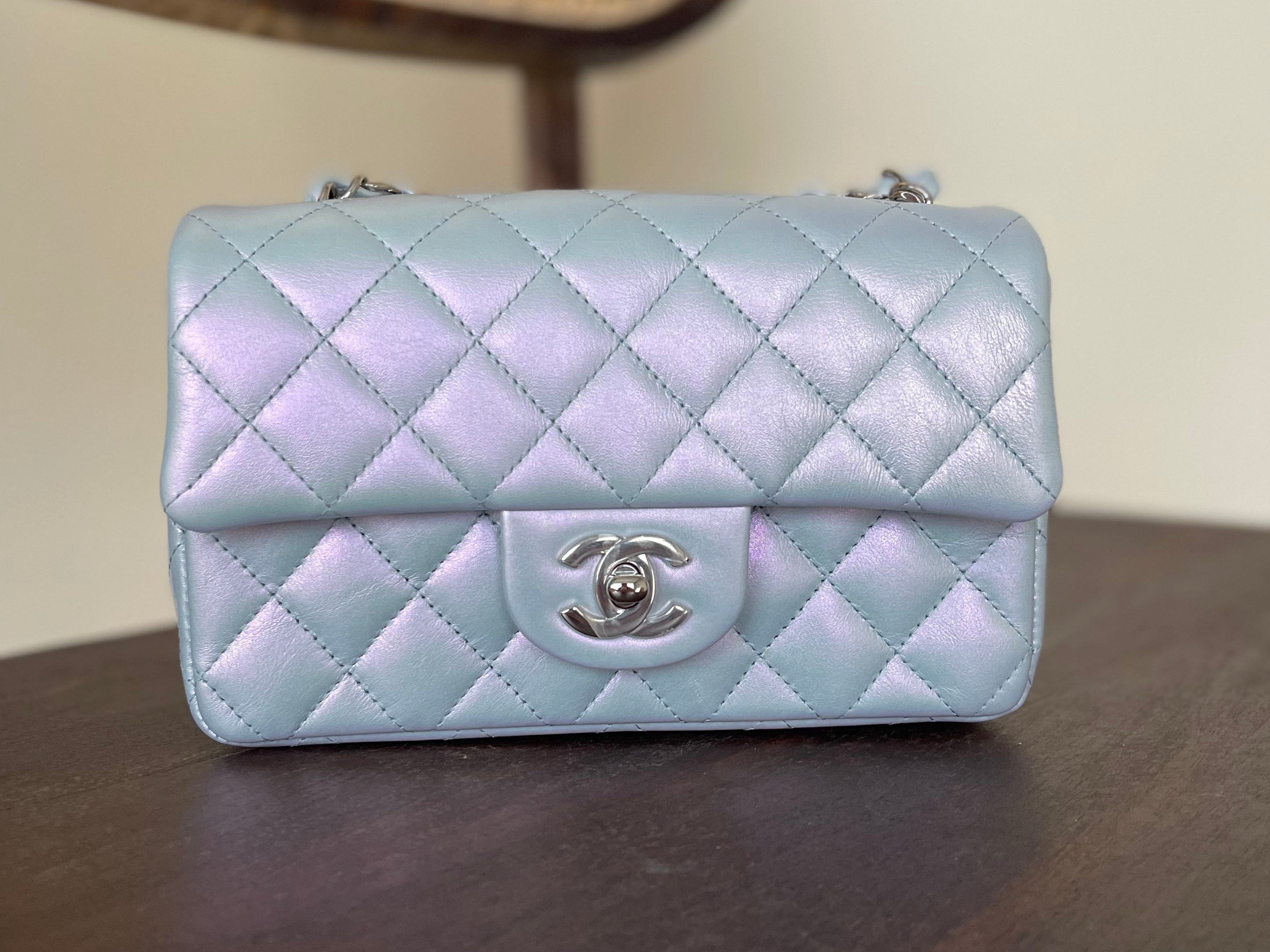 21K Iridescent Blue Calfskin Quilted Rectangular Mini SHW REDELUXE