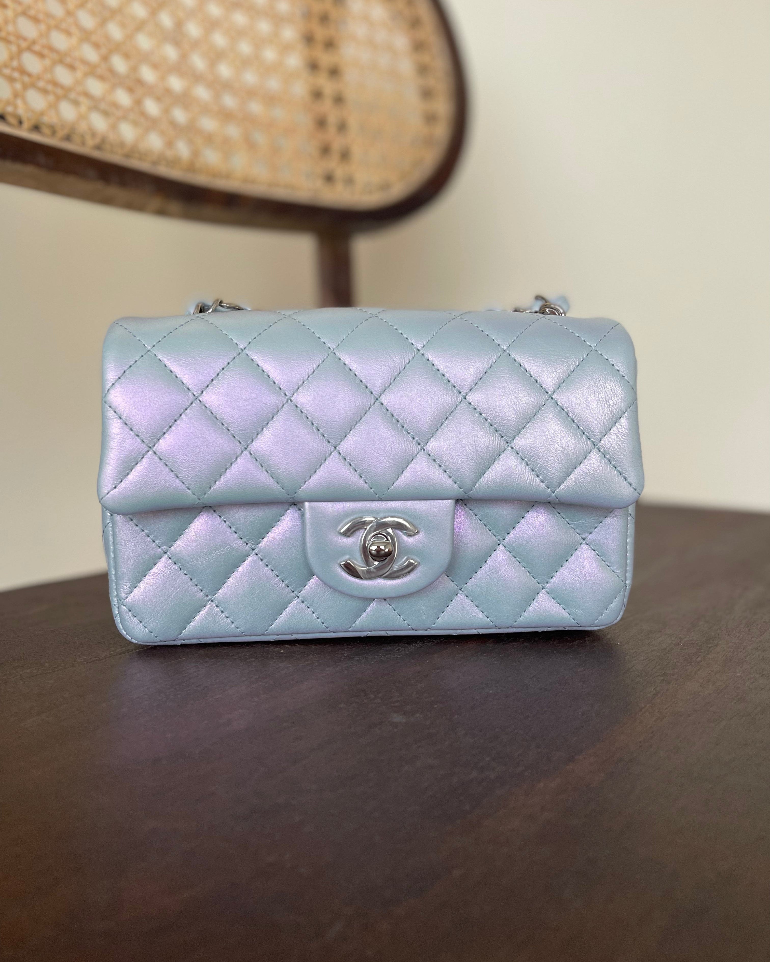 21K Iridescent Blue Calfskin Quilted Rectangular Mini SHW REDELUXE