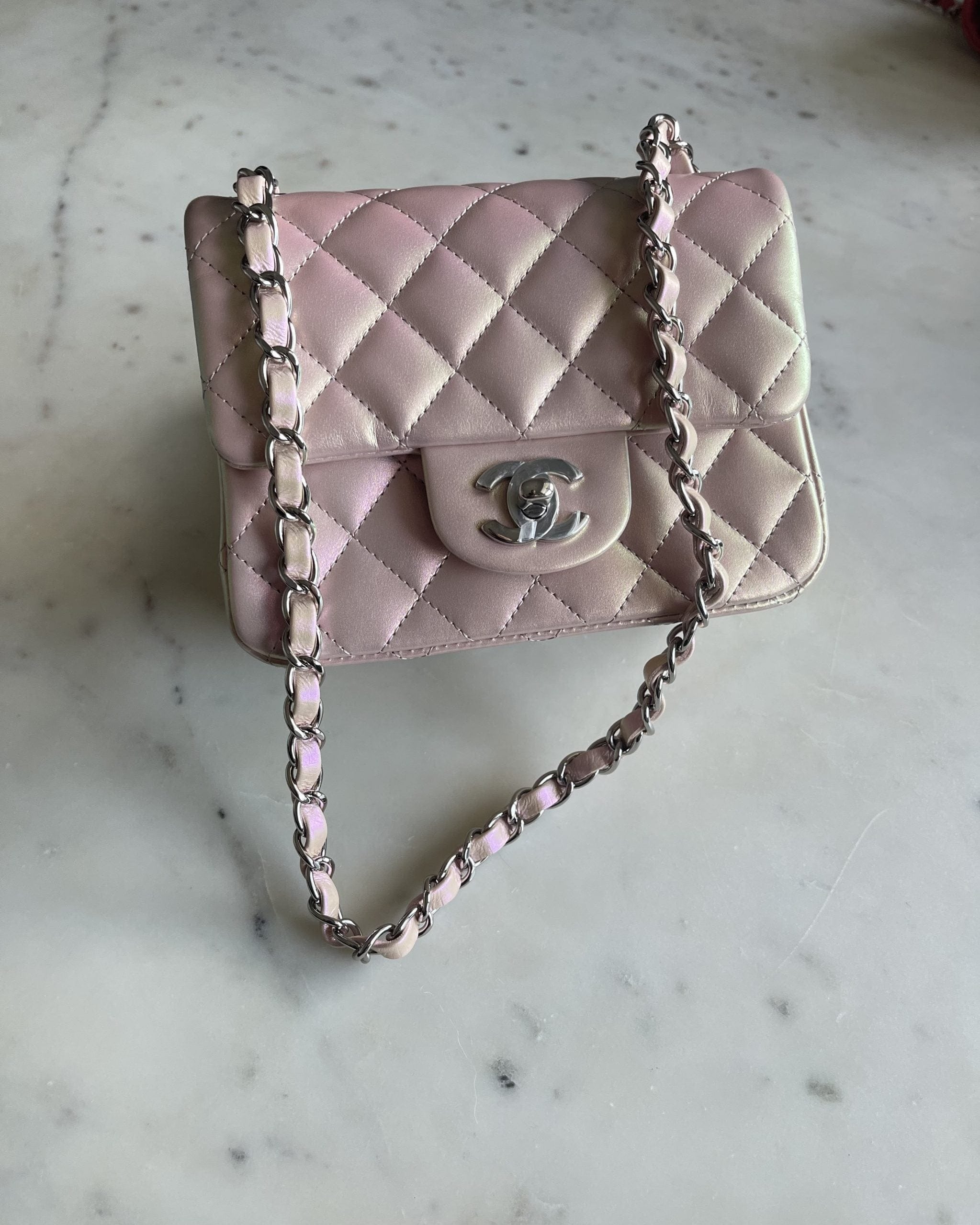 CHANEL Handbag 21K Mini Pink Iridescent Square Lambskin Quilted Classic Flap SHW - Redeluxe
