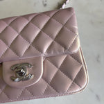 CHANEL Handbag 21K Mini Pink Iridescent Square Lambskin Quilted Classic Flap SHW - Redeluxe