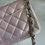 CHANEL Handbag 21K Mini Pink Iridescent Square Lambskin Quilted Classic Flap SHW - Redeluxe