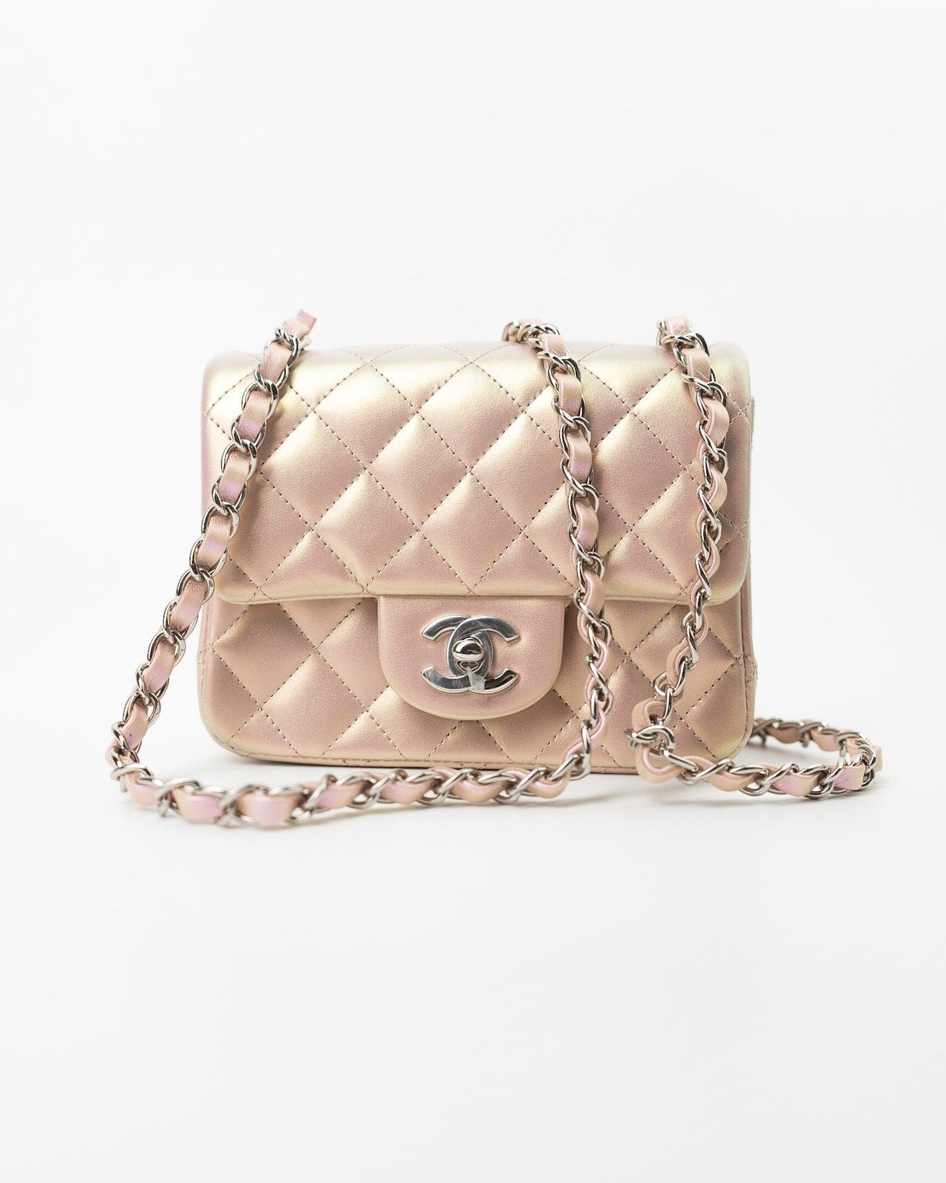 CHANEL Handbag 21K Mini Pink Iridescent Square Lambskin Quilted Classic Flap SHW - Redeluxe