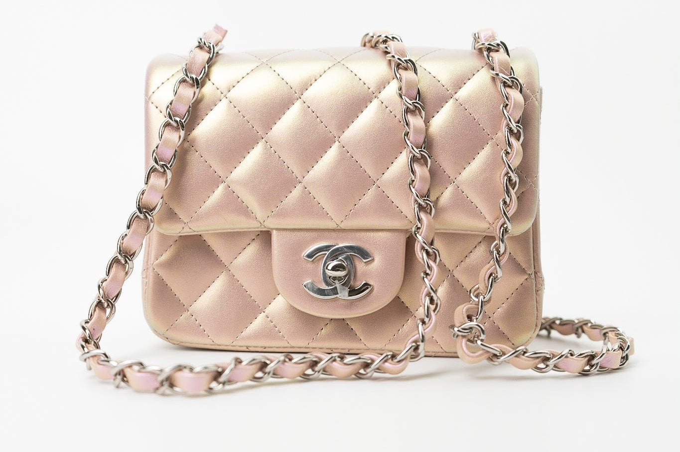 CHANEL Handbag 21K Mini Pink Iridescent Square Lambskin Quilted Classic Flap SHW - Redeluxe