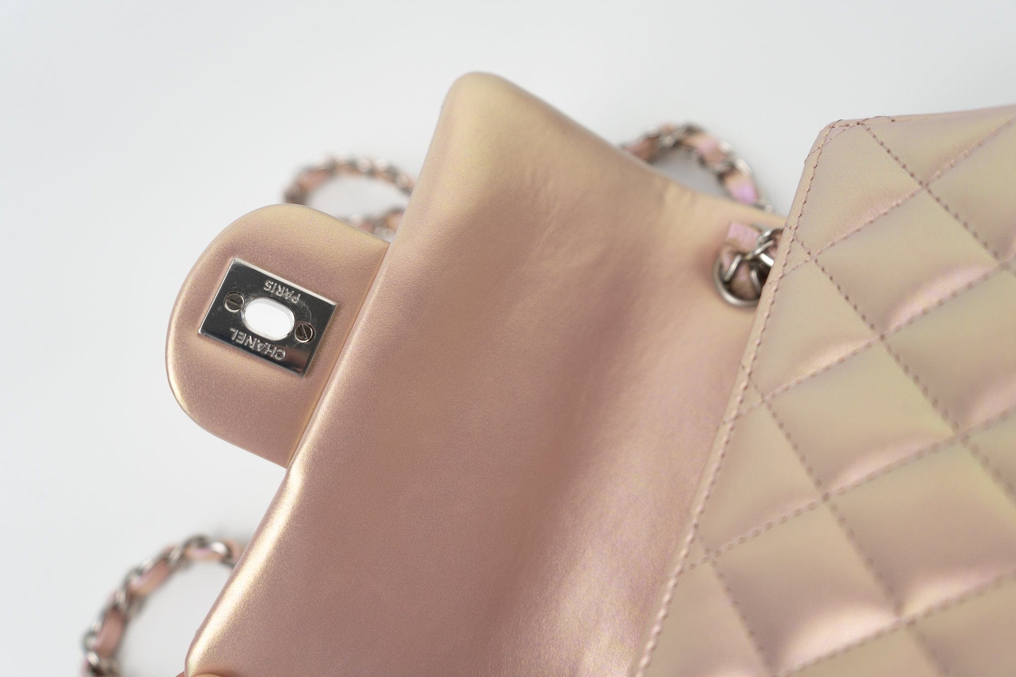 CHANEL Handbag 21K Mini Pink Iridescent Square Lambskin Quilted Classic Flap SHW - Redeluxe