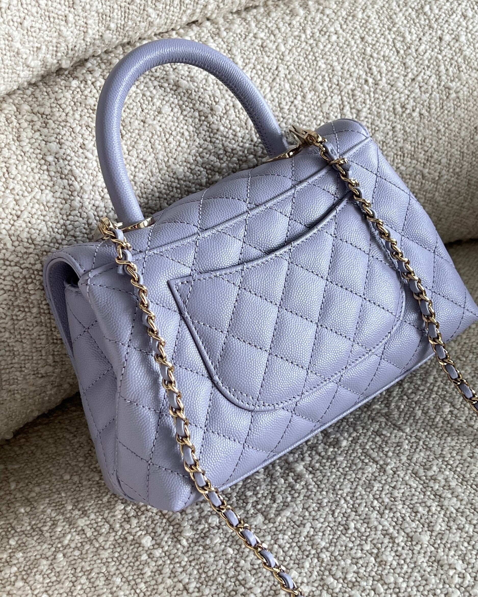 CHANEL Handbag 21K Quilted Coco Handle Lilac Caviar Small LGHW - Redeluxe