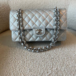 CHANEL Handbag 21K Silver Metallic Caviar Quilted Classic Double Flap Medium Silver Hardware - Redeluxe