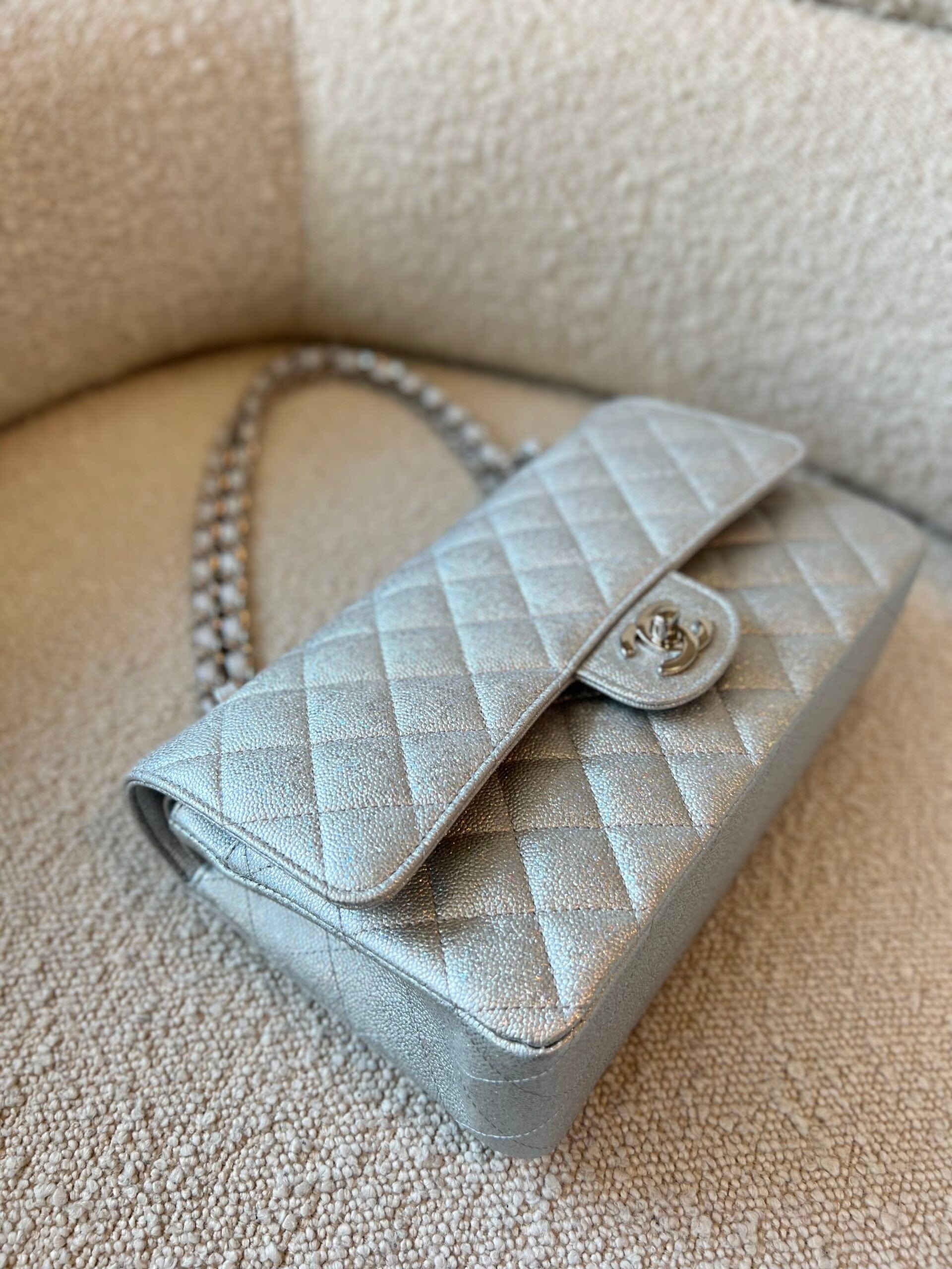21K Silver Metallic Caviar Quilted Classic Double Flap Medium