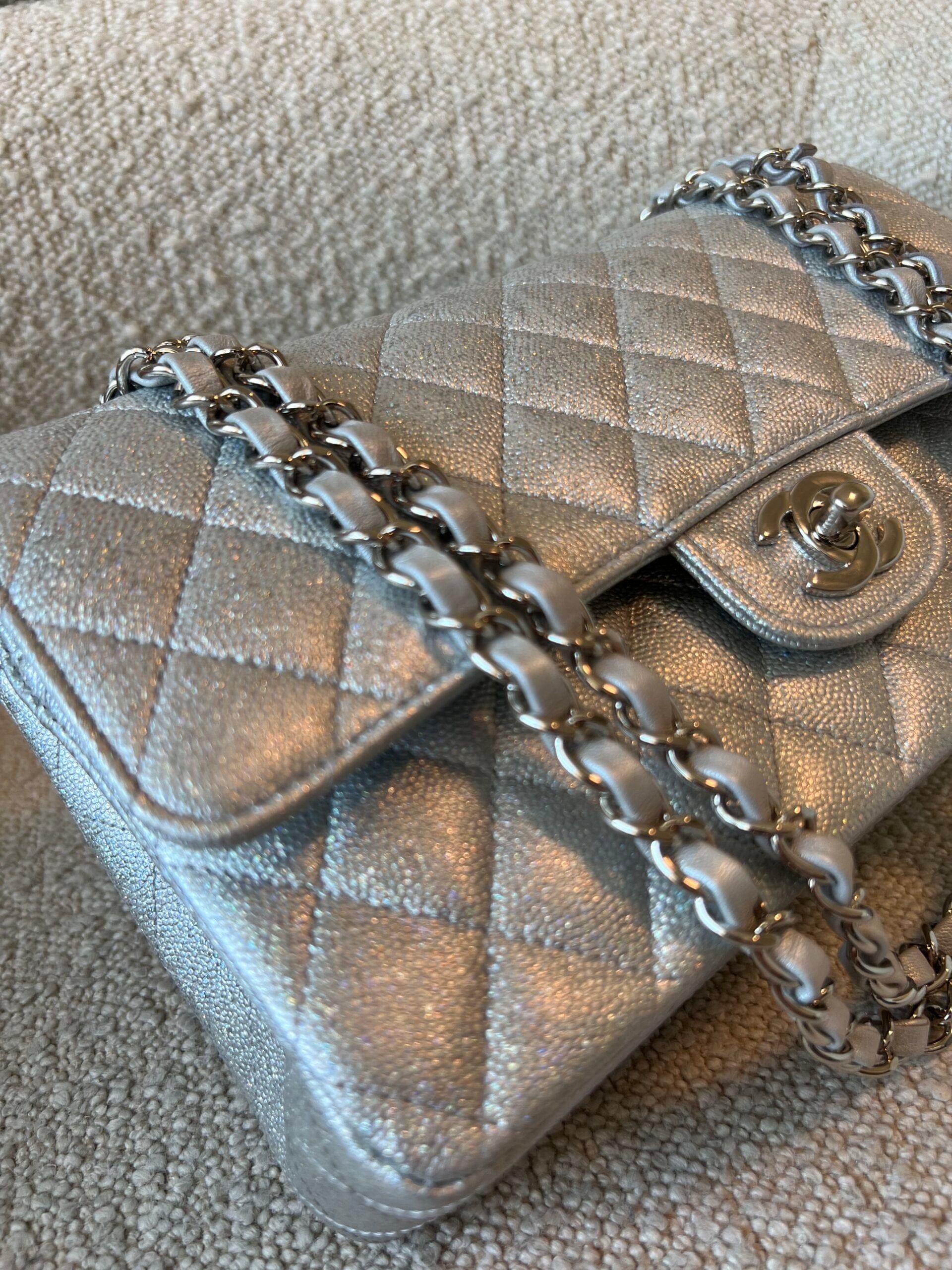 21K Silver Metallic Caviar Quilted Classic Double Flap Medium