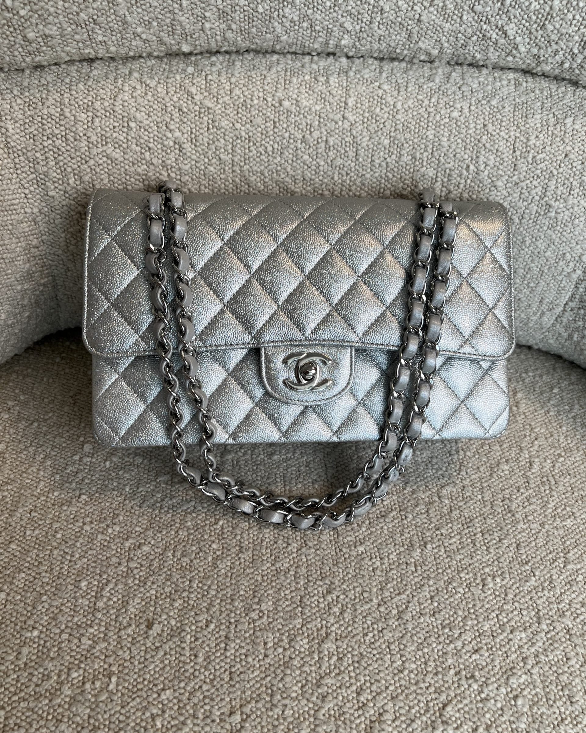 CHANEL Handbag 21K Silver Metallic Caviar Quilted Medium Classic Flap SHW - Redeluxe