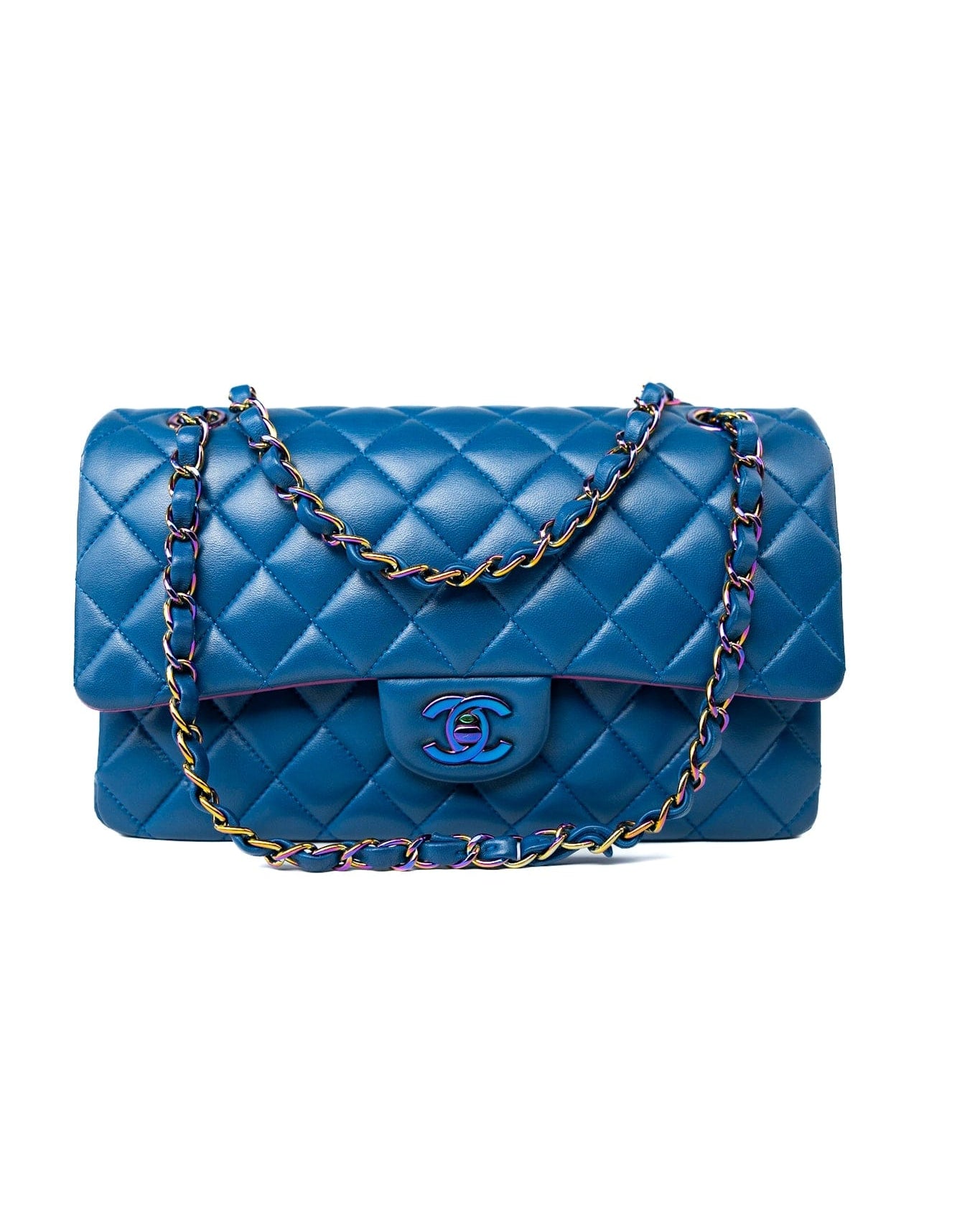CHANEL Handbag 21P Blue Lambskin Quilted Classic Flap Medium Rainbow Hardware - Redeluxe
