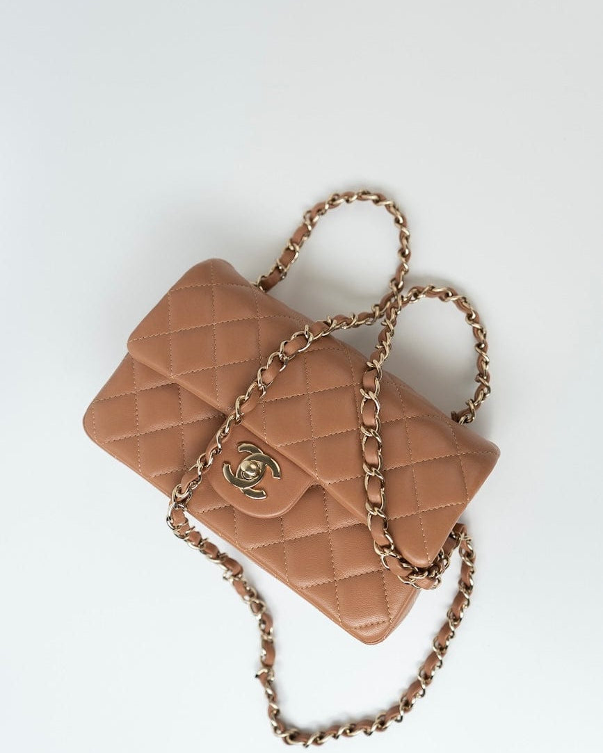 CHANEL Handbag 21P Caramel Lambskin Quilted Mini Rectangular Single Flap LGHW - Redeluxe