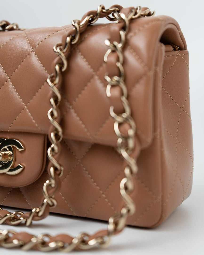 CHANEL Handbag 21P Caramel Lambskin Quilted Mini Rectangular Single Flap LGHW - Redeluxe