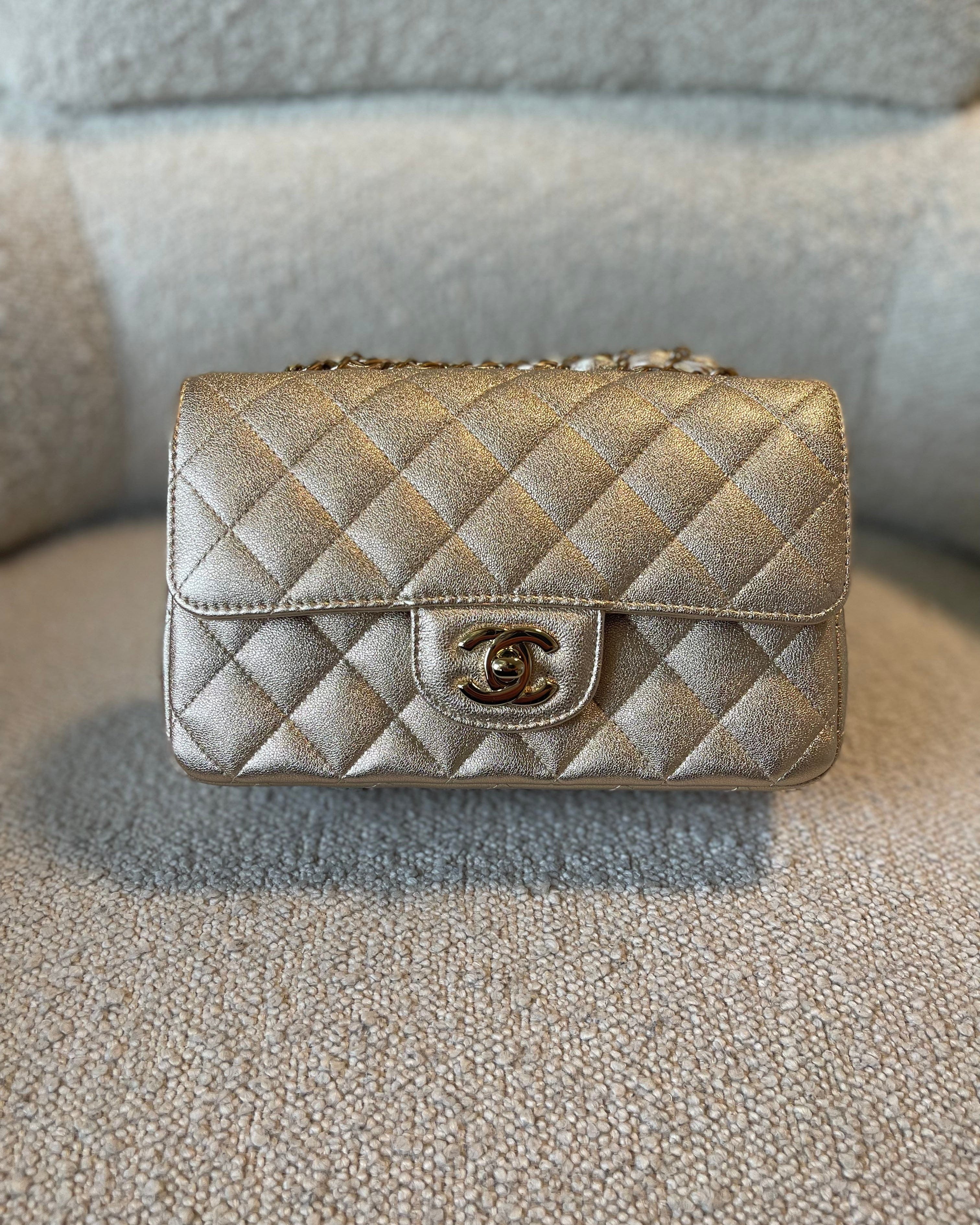 CHANEL Handbag 21P GOLD METALLIC CAVIAR QUILTED MINI RECTANGULAR SINGLE FLAP LIGHT GOLD HARDWARE - Redeluxe