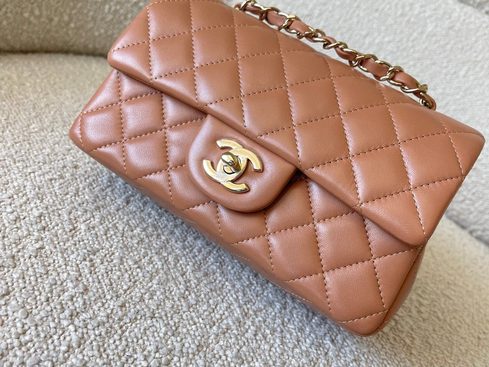 CHANEL Handbag 21P Mini Rectangular Caramel Lambskin Quilted Flap Light Gold Hardware - Redeluxe