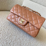 CHANEL Handbag 21P Mini Rectangular Caramel Lambskin Quilted Flap Light Gold Hardware - Redeluxe