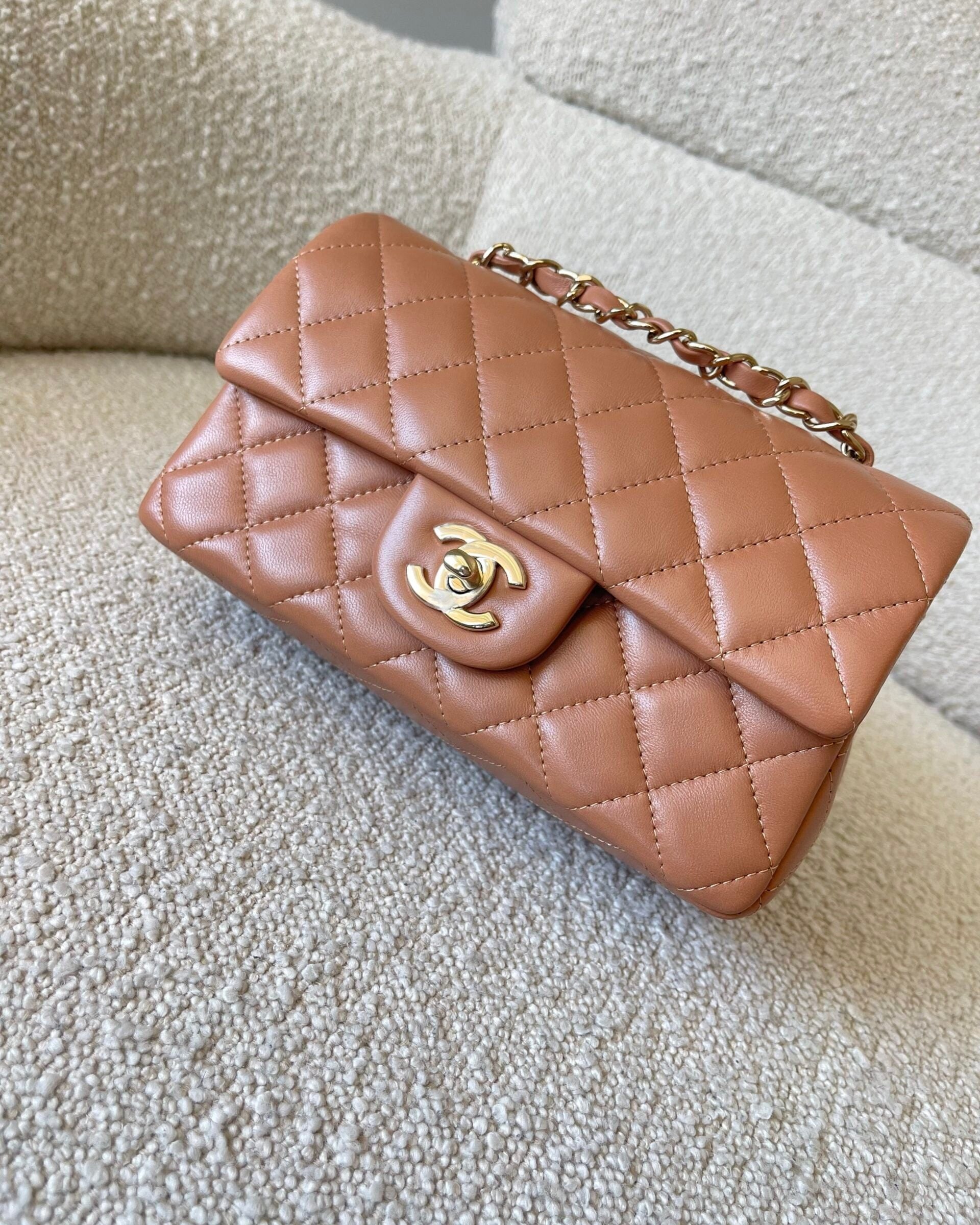 CHANEL Handbag 21P Mini Rectangular Caramel Lambskin Quilted Flap Light Gold Hardware - Redeluxe