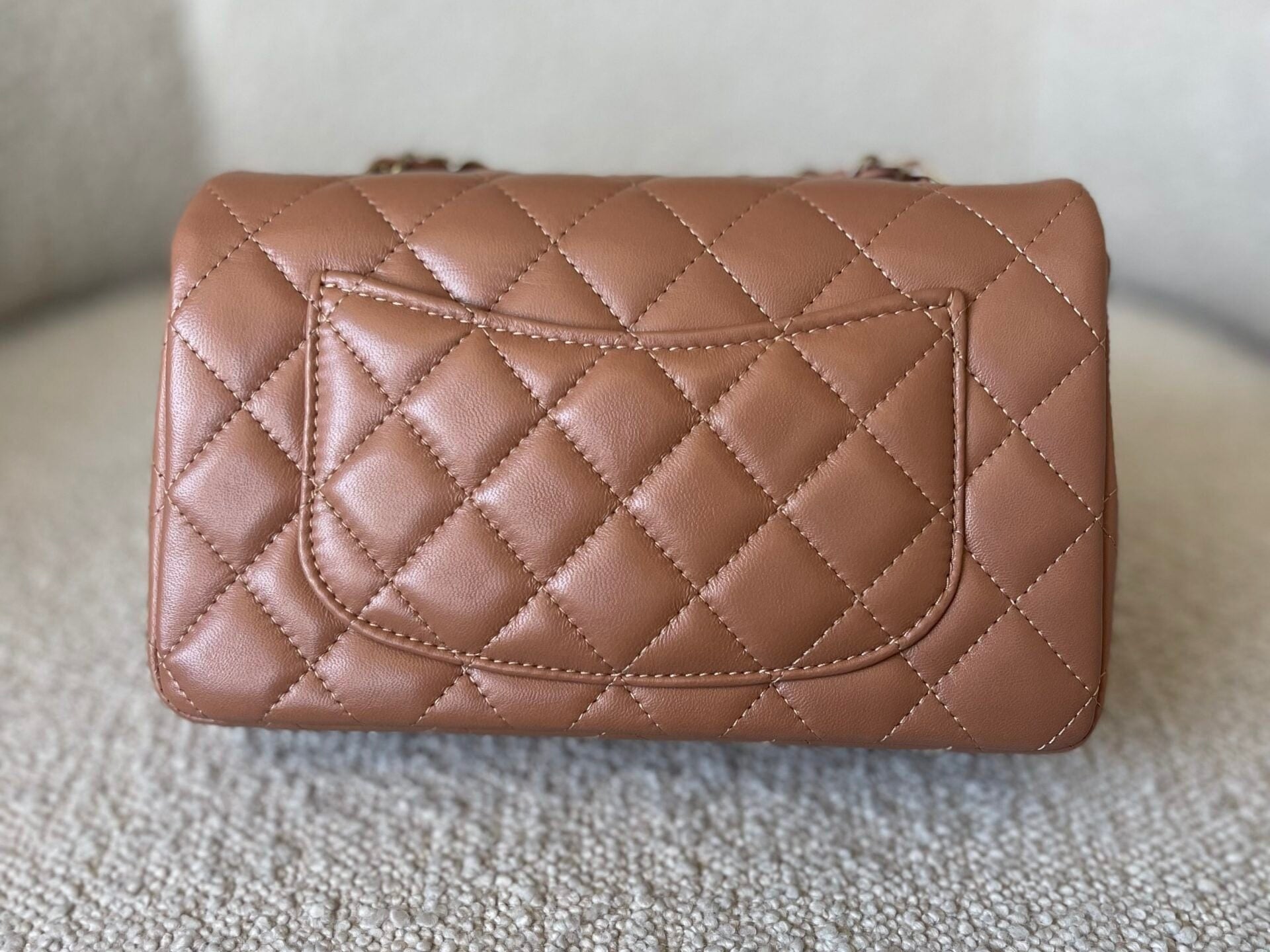 CHANEL Handbag 21P Mini Rectangular Caramel Lambskin Quilted Flap Light Gold Hardware - Redeluxe