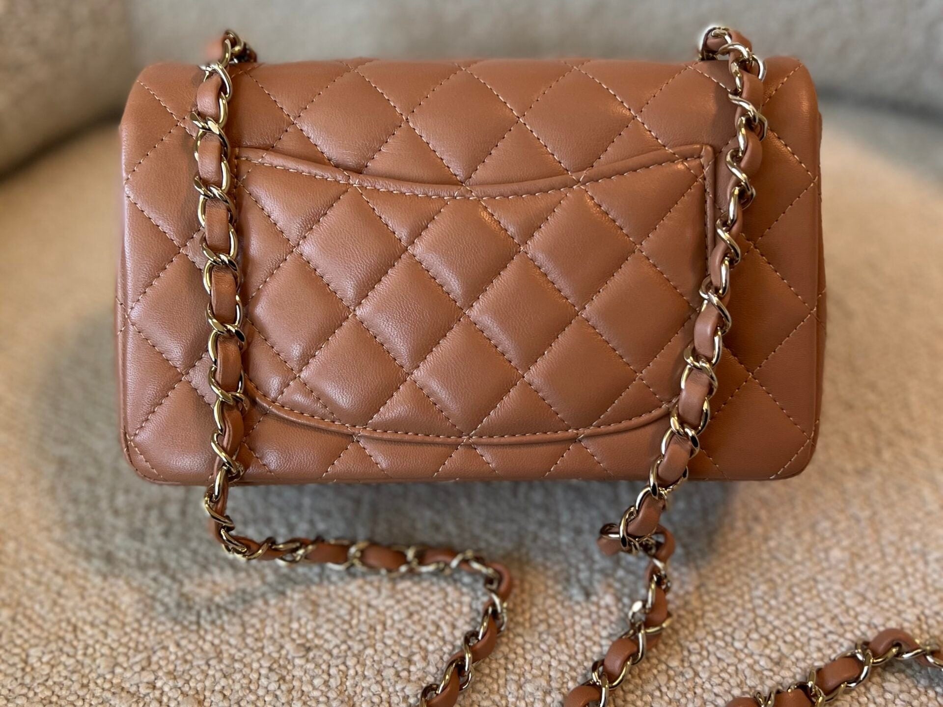 CHANEL Handbag 21P Mini Rectangular Caramel Lambskin Quilted Flap Light Gold Hardware - Redeluxe