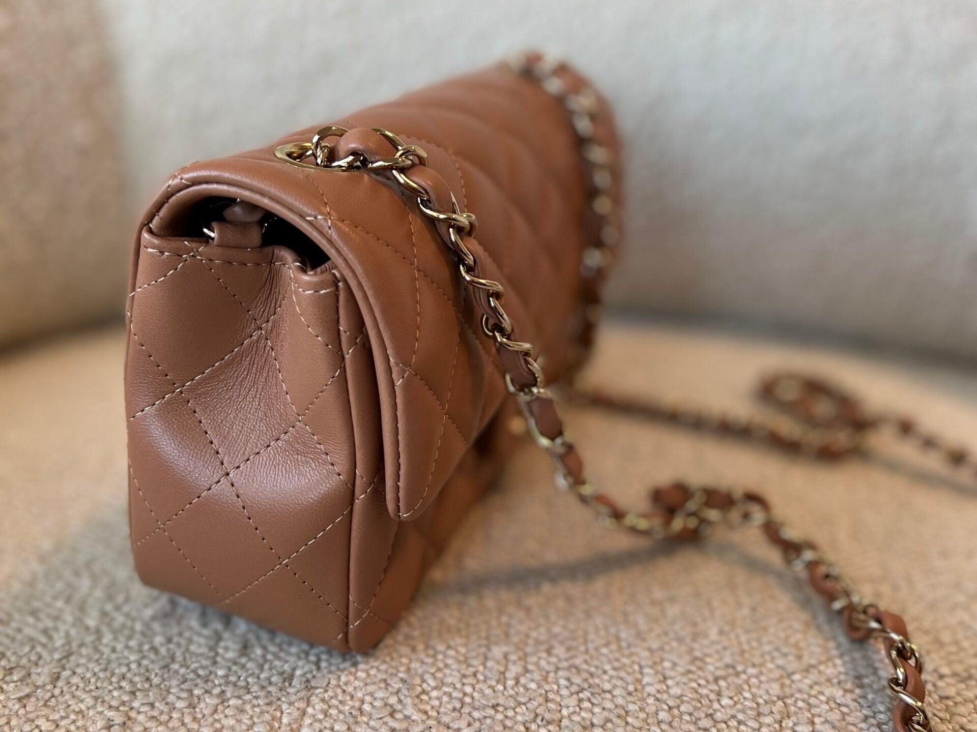 CHANEL Handbag 21P Mini Rectangular Caramel Lambskin Quilted Flap Light Gold Hardware - Redeluxe