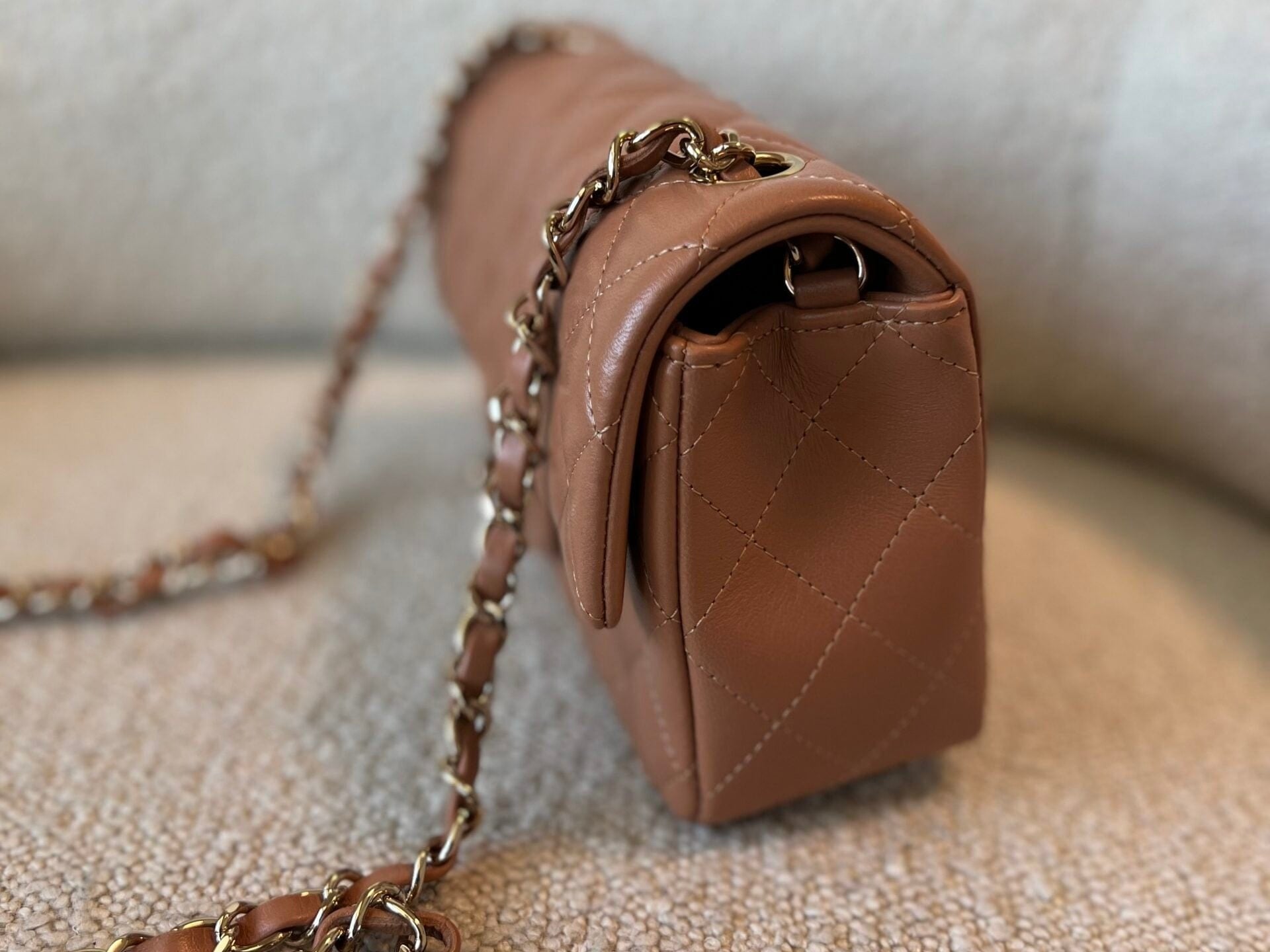 CHANEL Handbag 21P Mini Rectangular Caramel Lambskin Quilted Flap Light Gold Hardware - Redeluxe