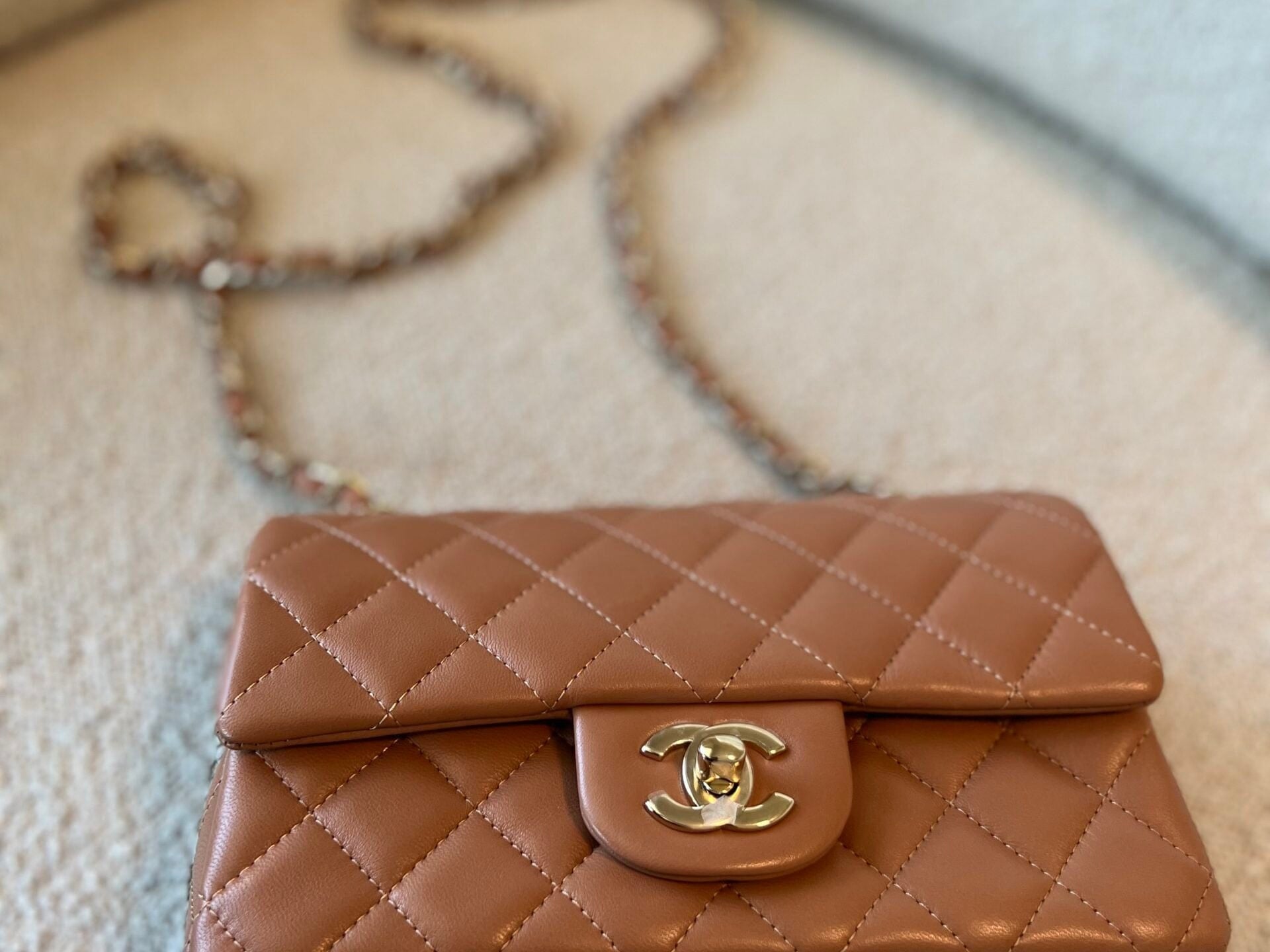 CHANEL Handbag 21P Mini Rectangular Caramel Lambskin Quilted Flap Light Gold Hardware - Redeluxe