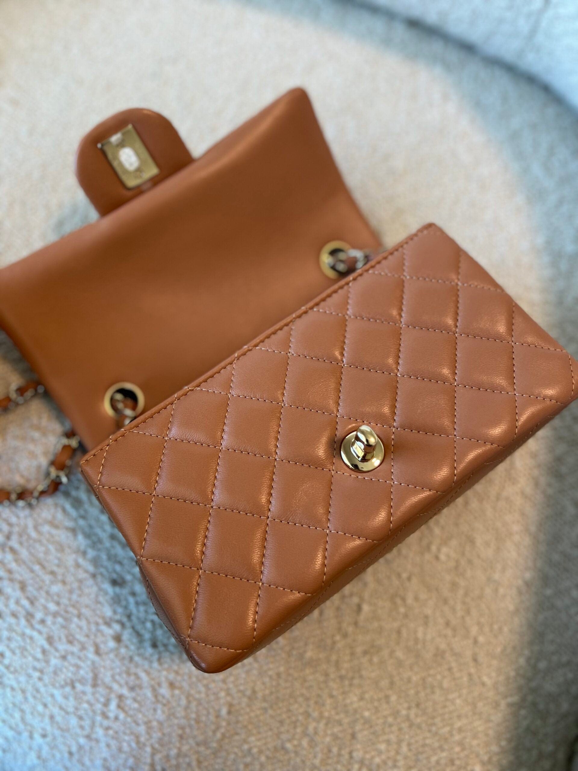 21P Mini Rectangular Caramel Lambskin Quilted Flap Light Gold