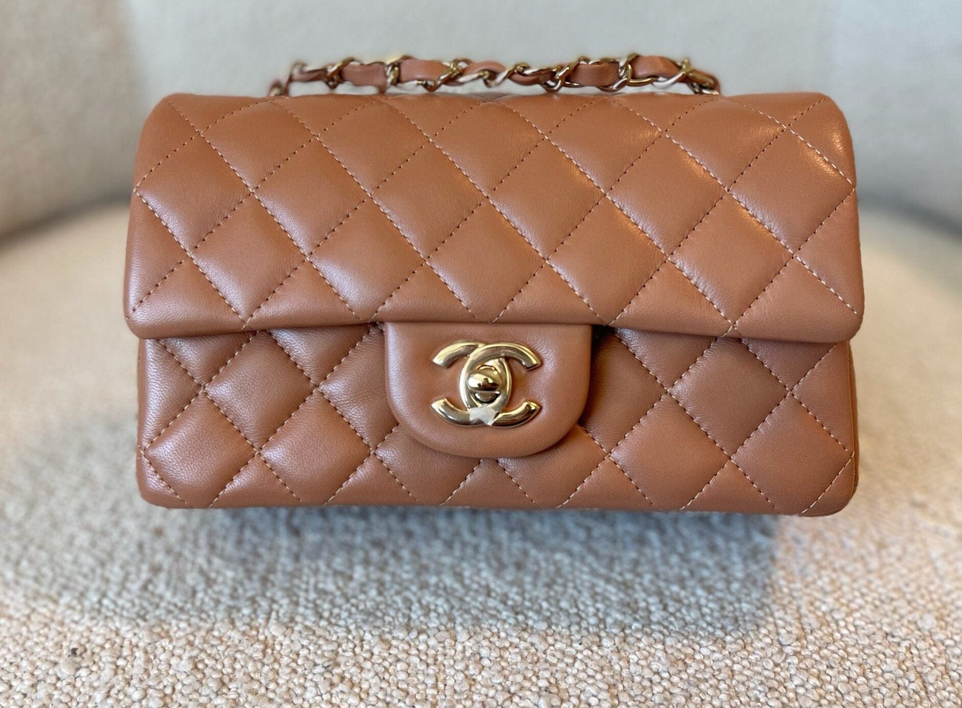 CHANEL Handbag 21P Mini Rectangular Caramel Lambskin Quilted Flap Light Gold Hardware - Redeluxe