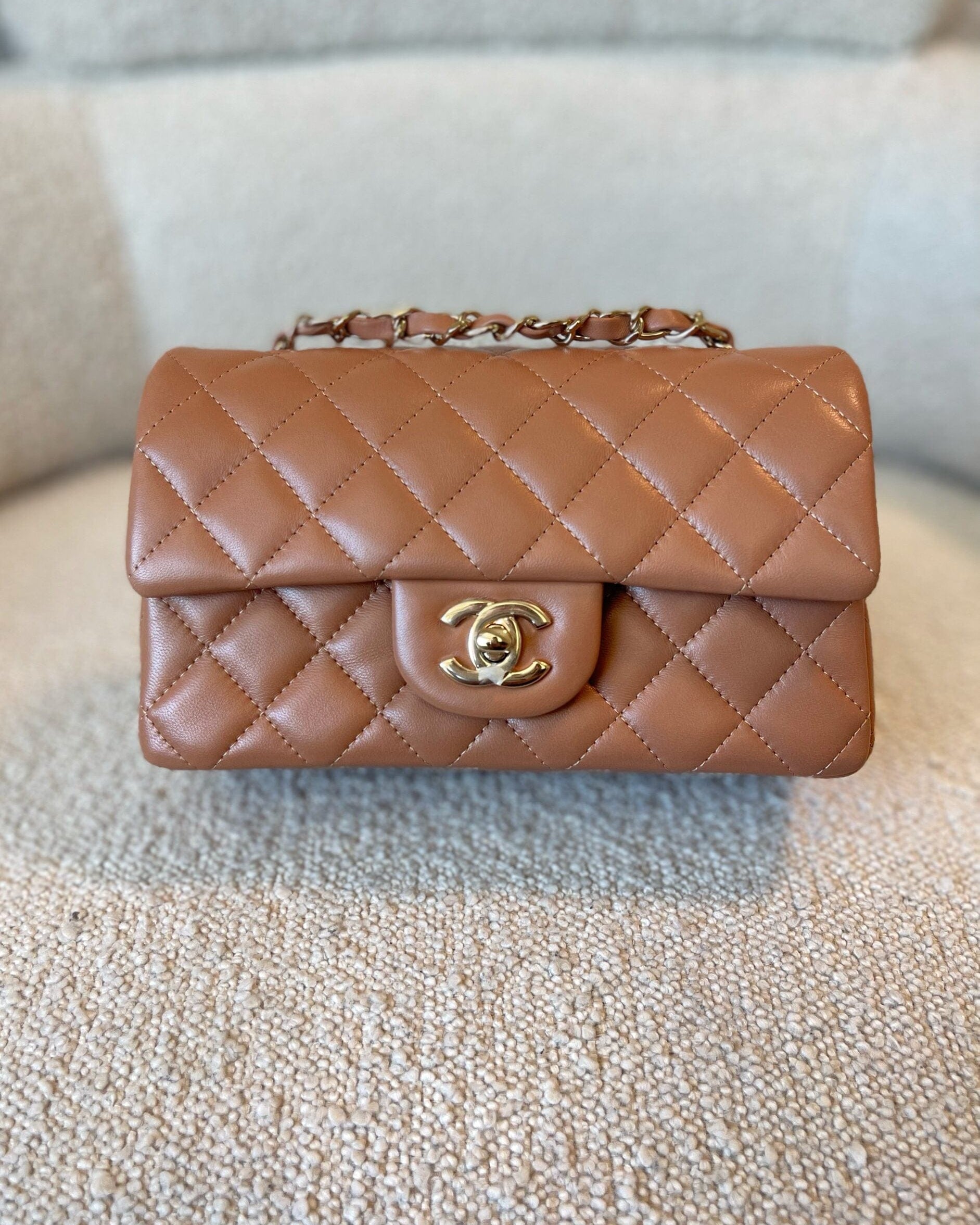 CHANEL Handbag 21P Mini Rectangular Caramel Lambskin Quilted Flap Light Gold Hardware - Redeluxe