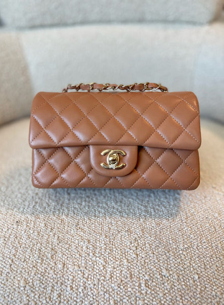 21P Mini Rectangular Caramel Lambskin Quilted Flap Light Gold