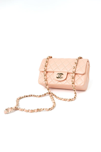 21P Rose Clair Pink/ Beige Lambskin Quilted Mini Rectangular Flap