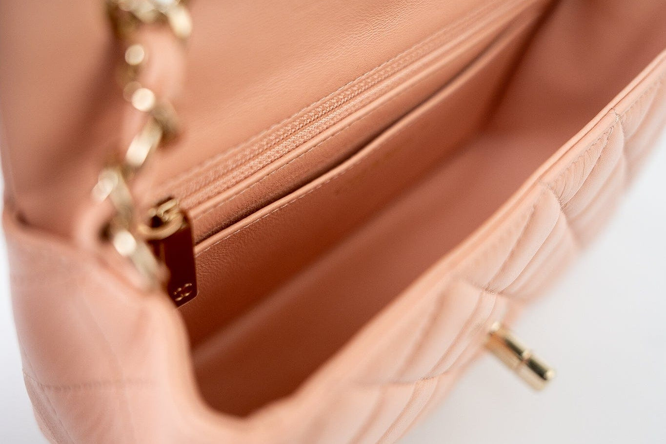 CHANEL Handbag 21P Rose Clair Pink/ Beige Lambskin Quilted Mini Rectangular Flap Light Gold Hardware - Redeluxe
