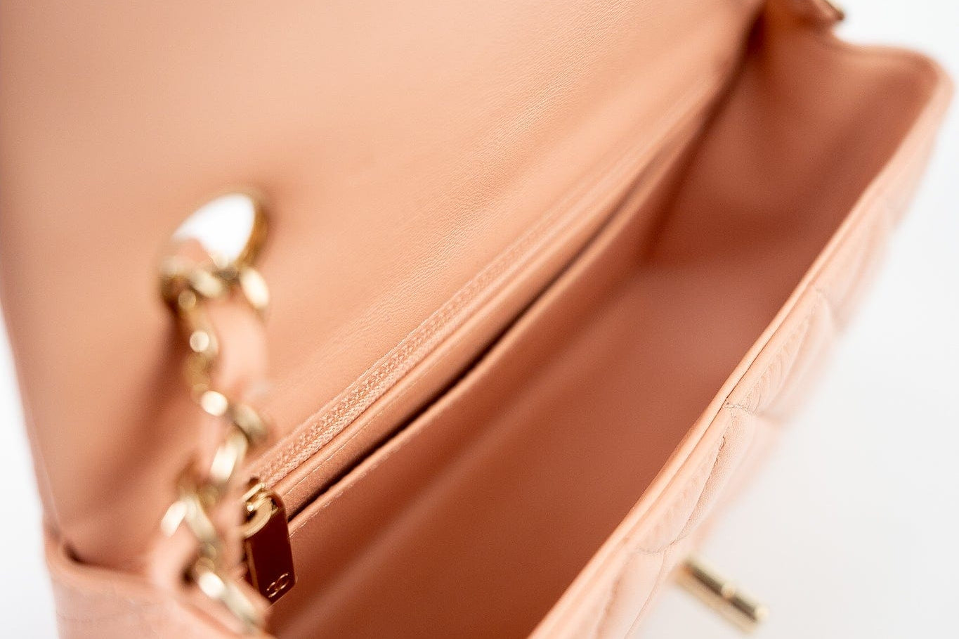 CHANEL Handbag 21P Rose Clair Pink/ Beige Lambskin Quilted Mini Rectangular Flap Light Gold Hardware - Redeluxe