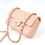 CHANEL Handbag 21P Rose Clair Pink/ Beige Lambskin Quilted Mini Rectangular Flap Light Gold Hardware - Redeluxe