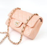 CHANEL Handbag 21P Rose Clair Pink/ Beige Lambskin Quilted Mini Rectangular Flap Light Gold Hardware - Redeluxe