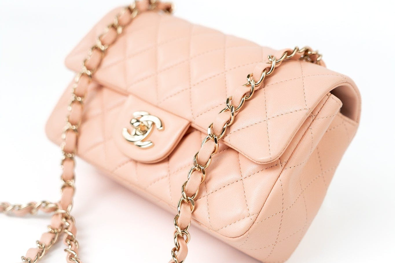 CHANEL Handbag 21P Rose Clair Pink/ Beige Lambskin Quilted Mini Rectangular Flap Light Gold Hardware - Redeluxe