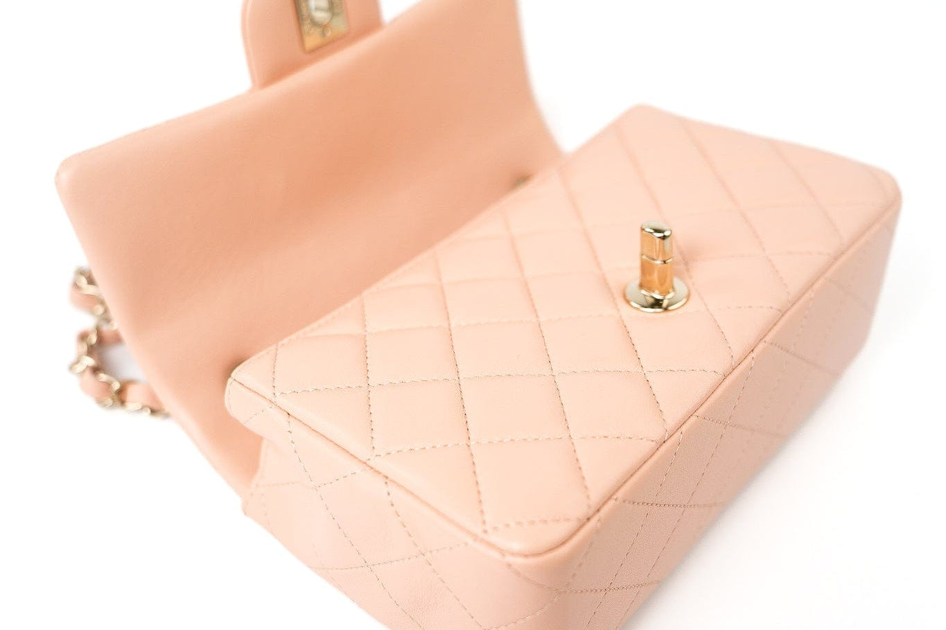 CHANEL Handbag 21P Rose Clair Pink/ Beige Lambskin Quilted Mini Rectangular Flap Light Gold Hardware - Redeluxe