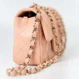 CHANEL Handbag 21P Rose Clair Pink/ Beige Lambskin Quilted Mini Rectangular Flap Light Gold Hardware - Redeluxe