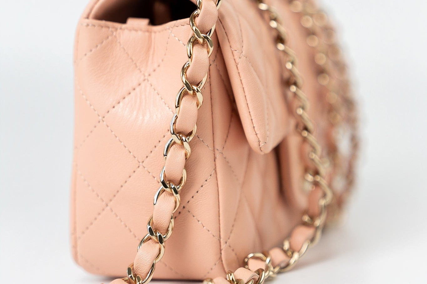 CHANEL Handbag 21P Rose Clair Pink/ Beige Lambskin Quilted Mini Rectangular Flap Light Gold Hardware - Redeluxe