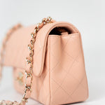 CHANEL Handbag 21P Rose Clair Pink/ Beige Lambskin Quilted Mini Rectangular Flap Light Gold Hardware - Redeluxe