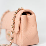 CHANEL Handbag 21P Rose Clair Pink/ Beige Lambskin Quilted Mini Rectangular Flap Light Gold Hardware - Redeluxe