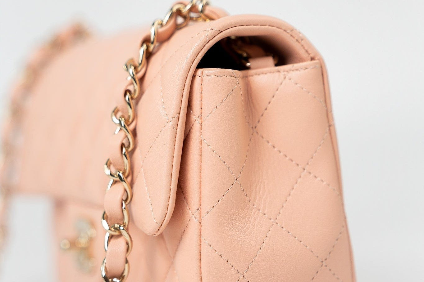 CHANEL Handbag 21P Rose Clair Pink/ Beige Lambskin Quilted Mini Rectangular Flap Light Gold Hardware - Redeluxe
