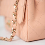 CHANEL Handbag 21P Rose Clair Pink/ Beige Lambskin Quilted Mini Rectangular Flap Light Gold Hardware - Redeluxe