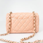 CHANEL Handbag 21P Rose Clair Pink/ Beige Lambskin Quilted Mini Rectangular Flap Light Gold Hardware - Redeluxe