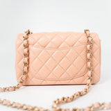 CHANEL Handbag 21P Rose Clair Pink/ Beige Lambskin Quilted Mini Rectangular Flap Light Gold Hardware - Redeluxe