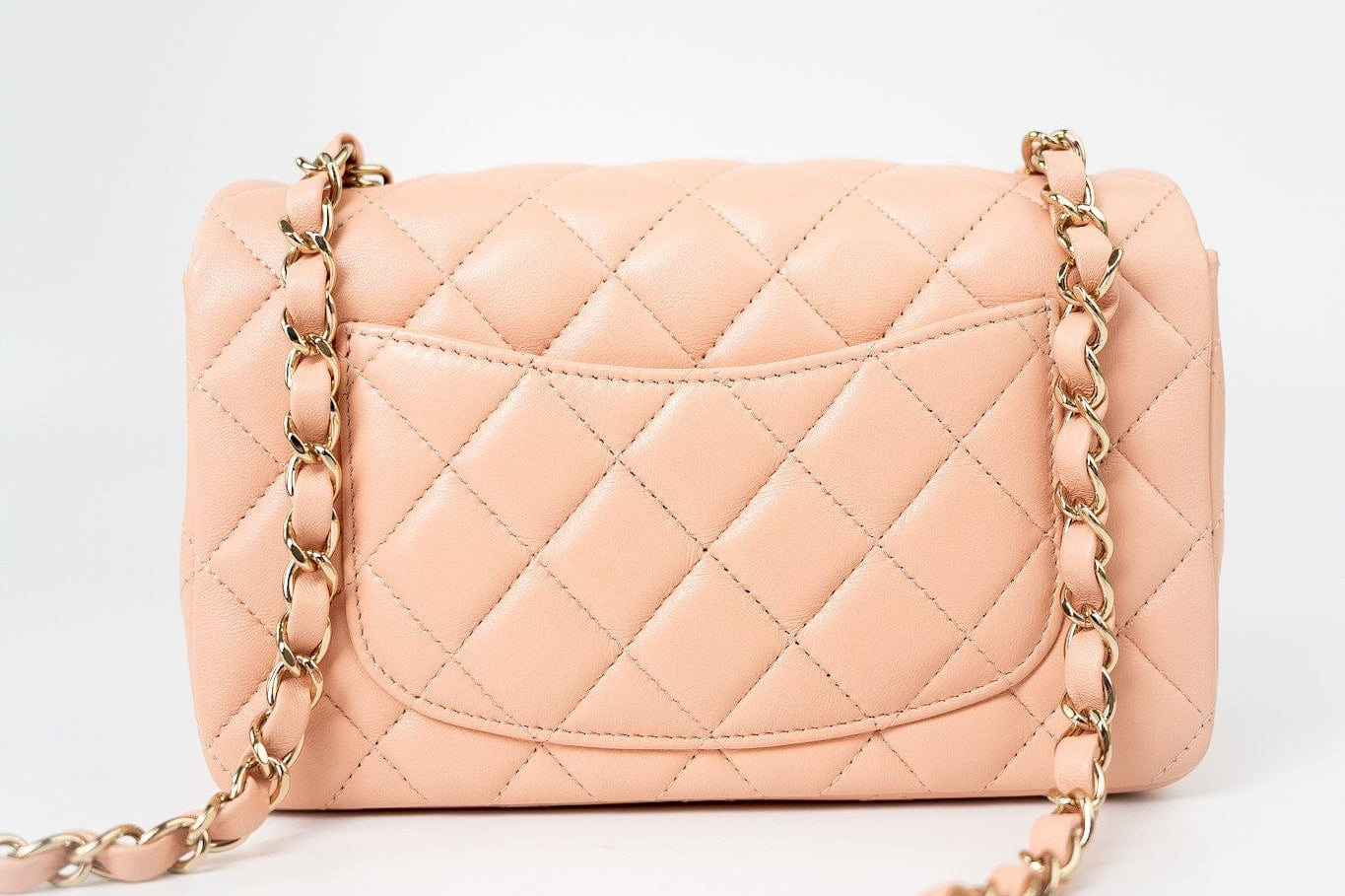 CHANEL Handbag 21P Rose Clair Pink/ Beige Lambskin Quilted Mini Rectangular Flap Light Gold Hardware - Redeluxe