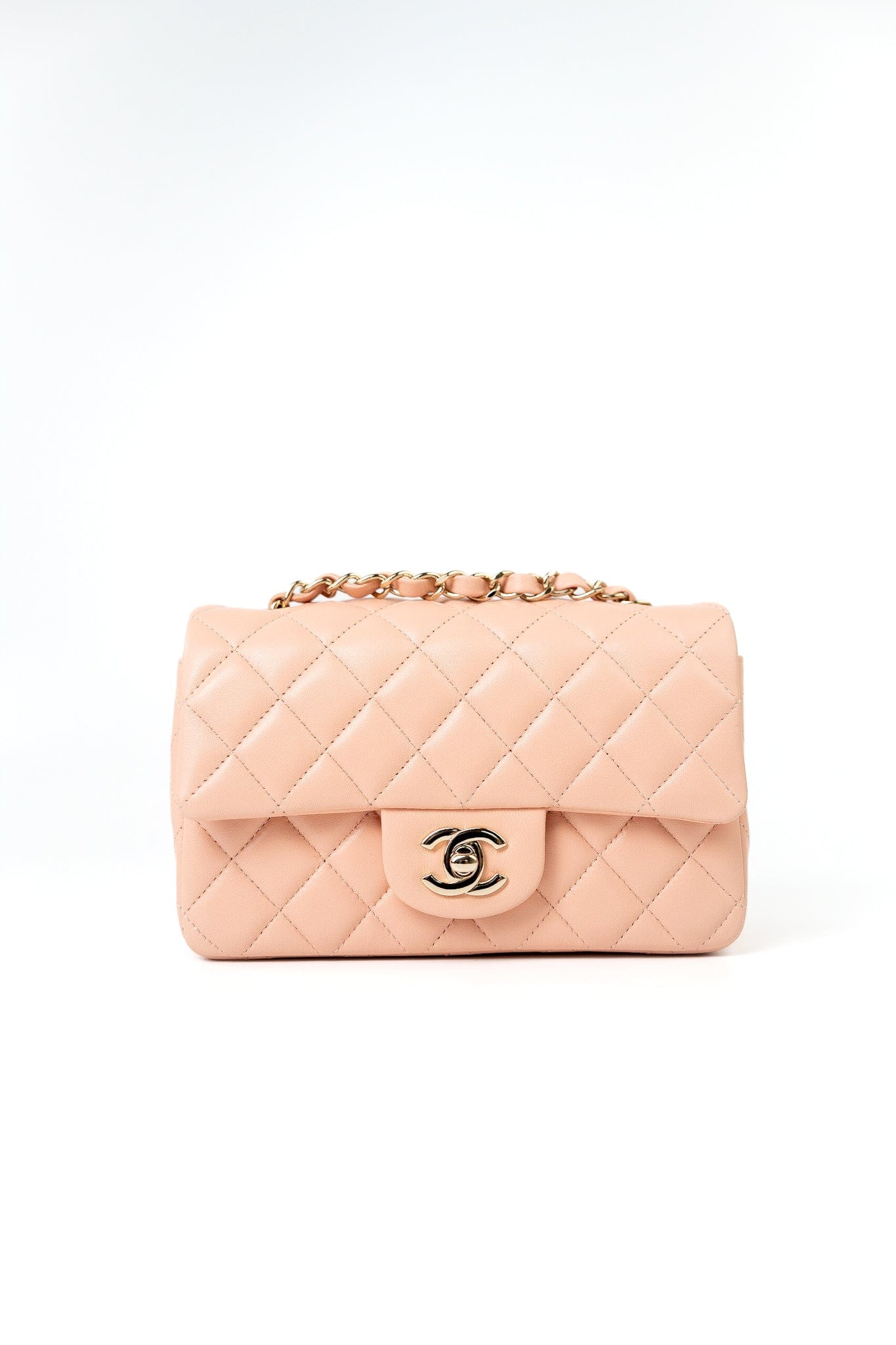 21P Rose Clair Pink/ Beige Lambskin Quilted Mini Rectangular Flap