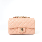 CHANEL Handbag 21P Rose Clair Pink/ Beige Lambskin Quilted Mini Rectangular Flap Light Gold Hardware - Redeluxe