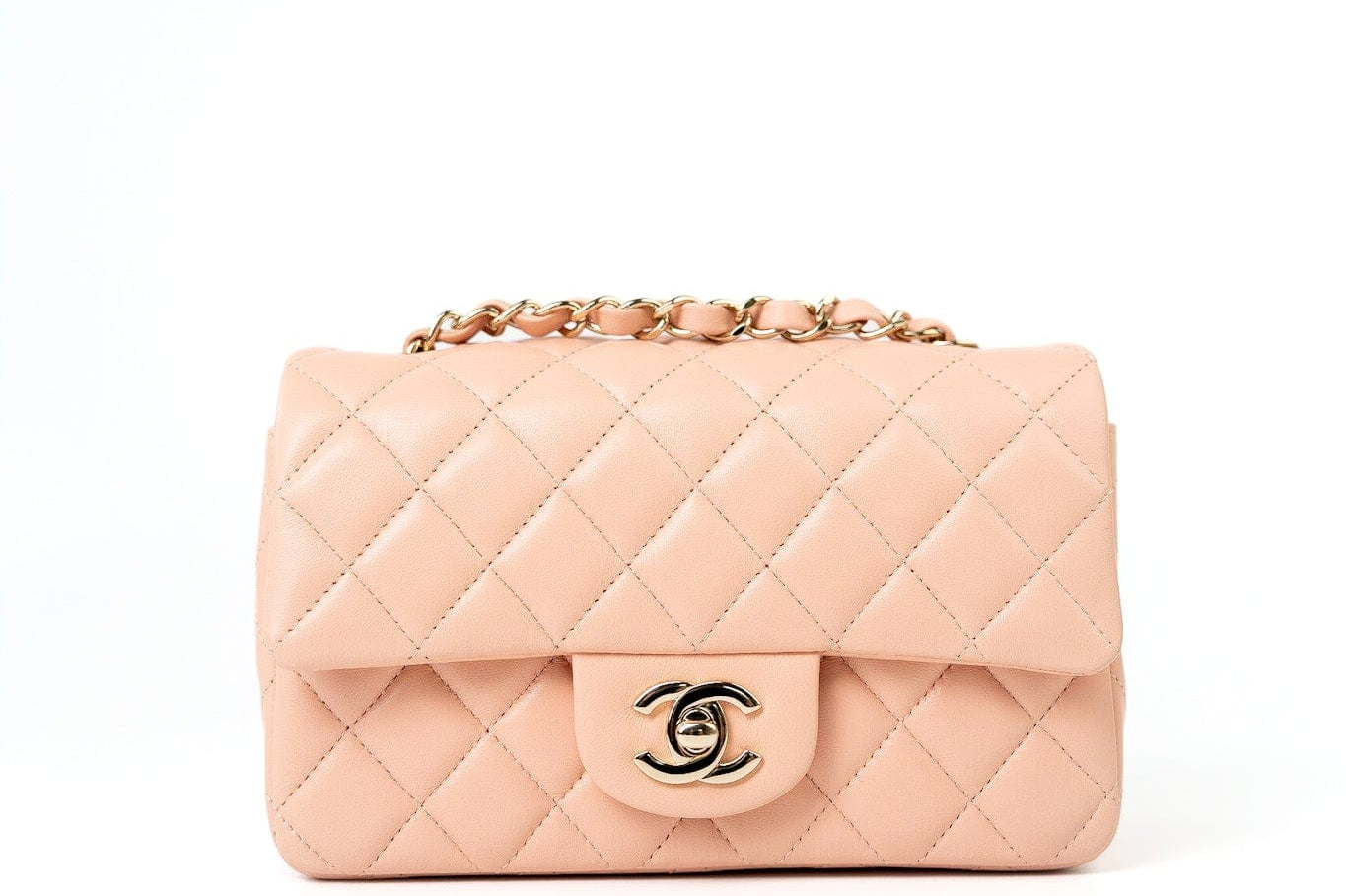 CHANEL Handbag 21P Rose Clair Pink/ Beige Lambskin Quilted Mini Rectangular Flap Light Gold Hardware - Redeluxe