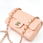 CHANEL Handbag 21P Rose Clair Pink/ Beige Lambskin Quilted Mini Rectangular Flap Light Gold Hardware - Redeluxe